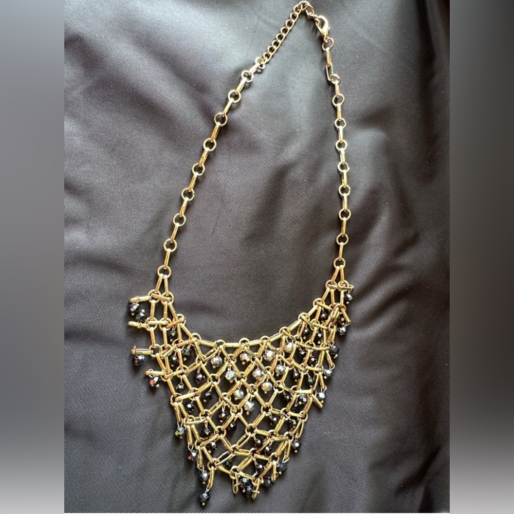 Gold Statement Bib Necklace with Black Beads